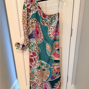 Anthropologie Teal One-Shoulder Maxi Dress with Multicolor Floral & Bird Print